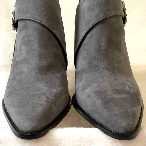 Gray Suede Sculpted Block Heel Booties | Pointed Toe | Buckle Detail Sz 10M - Picture 7 of 16
